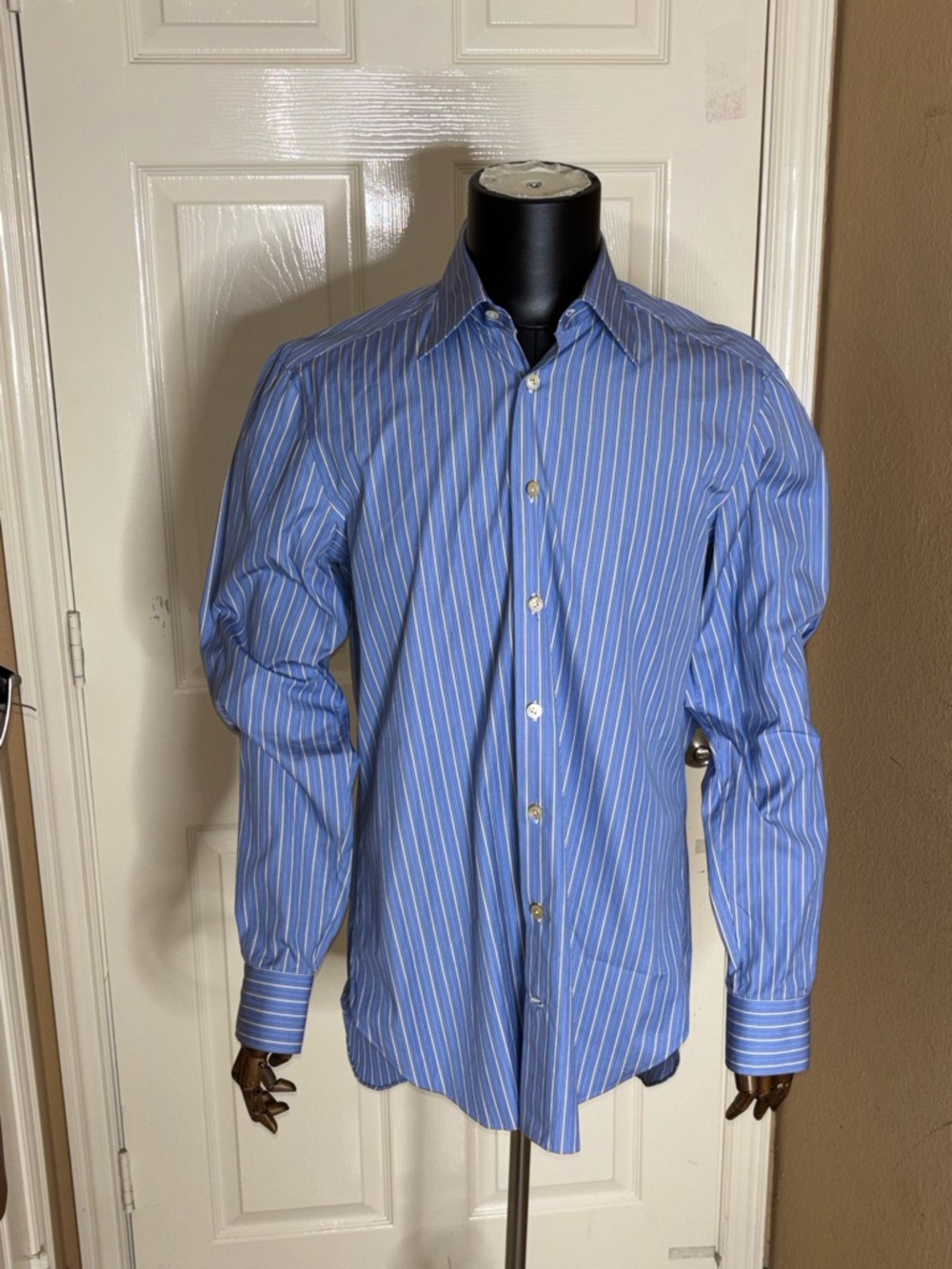 KITON 100% COTTON ITALIAN MADE DRESS SHIRT 16 1/2x33 LT BLUE & WHITE STRIPES - Picture 4 of 10